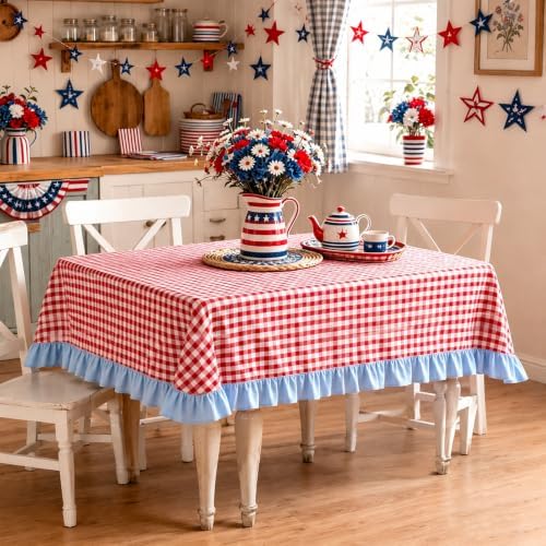 JarThenaAMCS Red Plaid Gingham Blue Ruffled Tablecloth 60 x 120 Inch Rectangular Cotton Farmhouse Table Cover for Birthday Baby Shower Independence Day Party Kitchen Outdoor Picnic - Image 7
