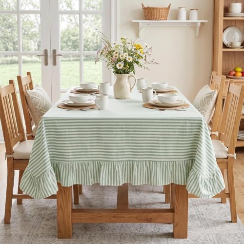 Eternal Beauty Striped Ruffled Tablecloth 60x120 Inch Green White - Image 2
