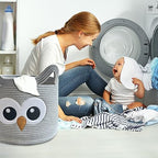 VK VK·LIVING Owl Storage Basket for Gift Foldable Cute Nursery Animal Toy Basket with Handles, Large Cotton Rope Baby Laundry Storage Organizer for Blanket Towels in Living Room Bedroom 15"Lx14"H - Image 6