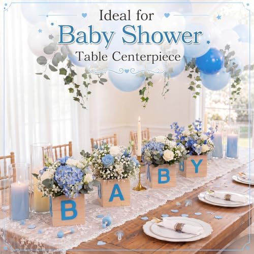 4 Sets Baby Shower Centerpieces for Table, 6 Inch Wood Boxes with Floral Foam Blocks Cube Planter Vase with Baby Letters for Babys Shower Gender Reveal Party Favor Table Decor (Blue) - Image 3