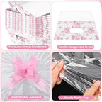 ForraFun 12 Pcs Pink Floral Baskets for Gifts Empty with Plastic Bag Ribbon Bow 8x10'' Pink White Cardboard Gift Wrapping Basket with Handle to Fill for Spring Wedding Bridal Birthday Party Supplies - Image 3