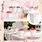 Gueevin 100 Pcs Pink Floral Popcorn Boxes with Scalloped for Party 5.5 x 10.5 x 7.5 cm Mini Paper Popcorn Containers Bulk for Wedding Movie Night Decorations Bridal Baby Shower Party Supplies - Image 4