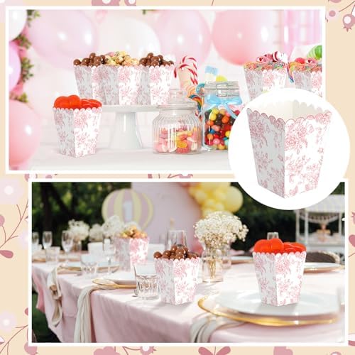 Gueevin 100 Pcs Pink Floral Popcorn Boxes with Scalloped for Party 5.5 x 10.5 x 7.5 cm Mini Paper Popcorn Containers Bulk for Wedding Movie Night Decorations Bridal Baby Shower Party Supplies - Image 4