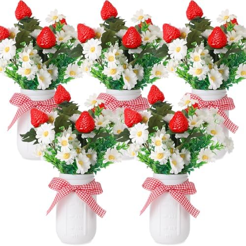 Mimorou 5 Set Strawberry Mason Jar Table Centerpiece DIY Artificial Strawberry Daisy Plants with Faux Leaves Home Centerpieces for Baby Shower Decor Home Summer Farmhouse Wedding Kitchen by Mimorou