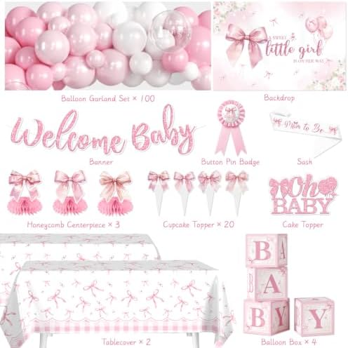 Pink Bow Baby Shower Decorations, Welcome Baby Girl Balloon Arch Kit - Image 2