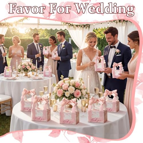 ForraFun 100 Sets Floral Wedding Favor Boxes with Pearl Pendant Bow, Pink - Image 3
