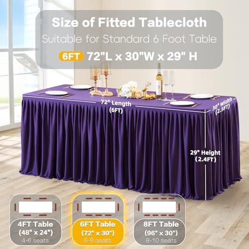 Wish Care 3 Pack Dark Purple Polyester Table Clothes for 6 Foot Rectangle Tables, Wrinkle Free Fitted Table Cover with Pleated Ruffle Table Skirt for Party Baby Shower Wedding Birthday Event Display - Image 3