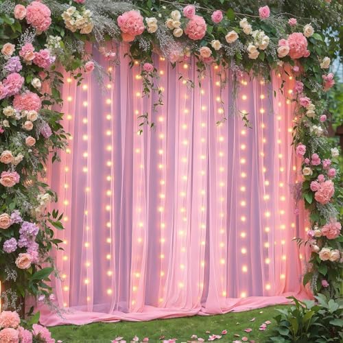 10×10ft Pink Tulle Backdrop Curtain with Lights String for Parties, Sheer Photo Curtain Backdrop Drapes for Wedding Party Photography Backgrounds - Image 2