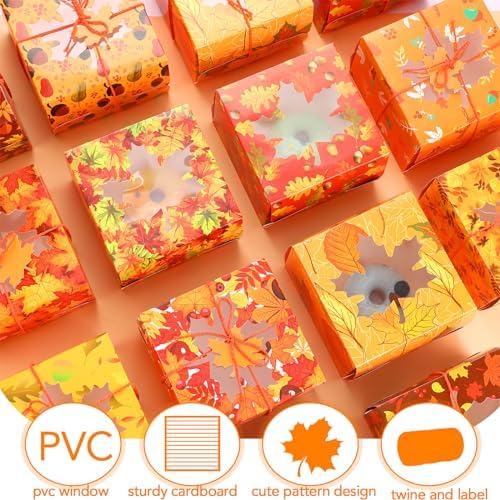 Blulu 120 Sets Thanksgiving Bakery Boxes Bulk with Window 5x5x3 Inch Fall Food Containers Gifts Boxes with Maple Tags and Rope for Fall Holiday Cookie Cupcake Goodie Candy Treat Package Party Favors - Image 4