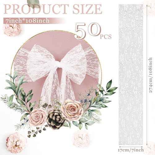 VitalCozy 50 Pack White Lace Vintage Chair Sashes with Bows Wedding Decoor - Image 2