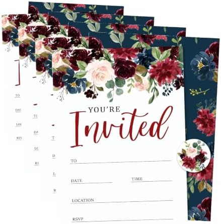 Whaline 25 Sets Flower Invitations with Envelopes Stickers Watercolor Floral Leaves Invitation Cards Blank Invites for Wedding Bridal Baby Shower Birthday Dinner Party, 5 x 7 Inch (Pack of 4) by Whaline