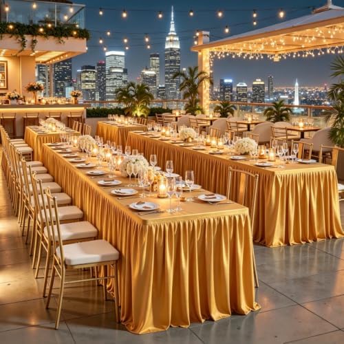 Gold Polyester Table Clothes for 8 Foot Rectangle Tables, Wrinkle Free Fitted Tablecloths 4ft Stretch Table Cover with Skirt for Parties Weddings Birthday Banquet Baby Shower - Image 3