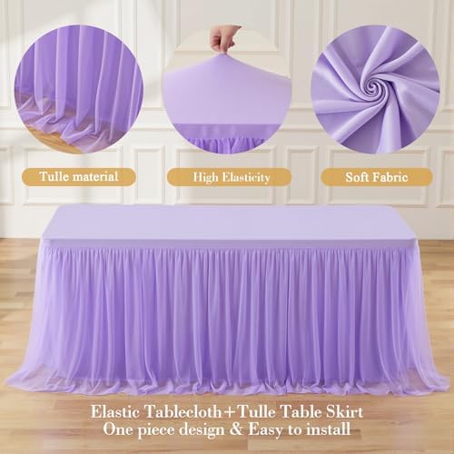 6 Pack Lavender Tablecloths for 6 Foot Rectangle Tables Tulle Tablecloth Light Purple Table Cloth Rectangle 6ft Spandex Lilac Table Cover for Baby Shower Birthday Party Wedding Banquet Table Skirt - Image 6