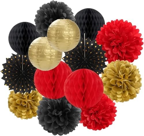 Hanging Paper Fans 5set Lantern Tissue Pom Poms for Wedding Baby Bridal Shower Birthday Party Decoration for Weddings Birthdays(Black) by Unknown