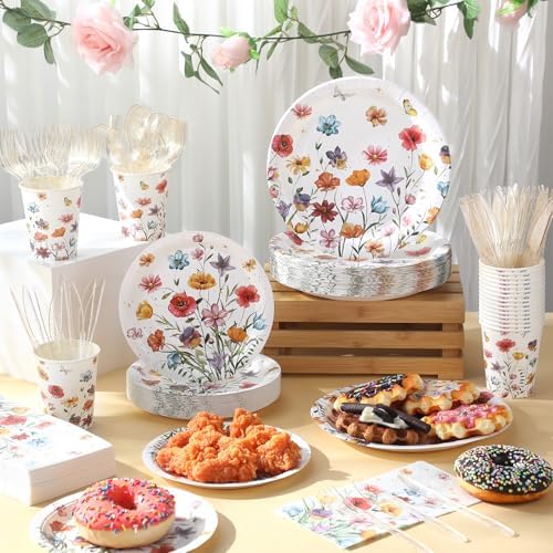 400 Pcs Wild Floral Disposable Paper Plates Napkins Cups Serve 50 Watercolor Floral Tableware Set for Spring Wedding Tea Party Decoration Bridal Shower Baby Shower(Cute Color,Novel Style) - Image 4