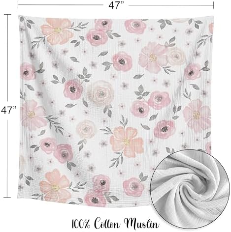 Sweet Jojo Designs 2-Piece Baby Muslin Swaddle Blanket Set (Pink/Grey Watercolor Floral) for Girls, Infant Nursery, Lightweight Cotton Blanket for Newborns (Solid Blush, Shabby Chic, Farmhouse, Rose) - Image 4