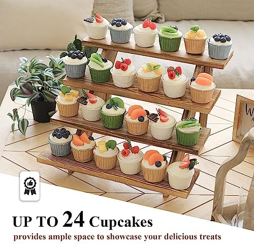 SwallowLiving Wooden Rustic Cupcake Stand for 24 Cupcakes, Stepped Wood Display Stand for Weddings, Tiered Party Table Display Riser for Food , Dessert, Cookie, Decor, Craft Show, Burnt - Image 2