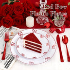 125PCS Red Bow Plastic Plates - White and Red Rim Disposable Plates - 50 Elegant Plates with Bowknot Patterns, 25 Forks, 25 Spoons, 25 Knives for Birthday Wedding Party - Image 2