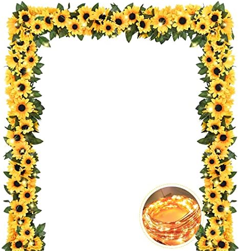 4 Pack Artificial Sunflower Garland Decor with Lights, Sunflower Vines Hanging Flowers Garland with Green Leaves, Fake Yellow Flower Vines Room Wedding Party Decoration(4 Pack) by BLEUMCADE