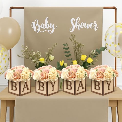 4 Set Baby Shower Centerpieces for Tables - 6 inch Wooden Boxes with Baby Letters Rustic Cube Planter Wood Blocks for Gender Reveal Party Favor (Brown) - Image 5