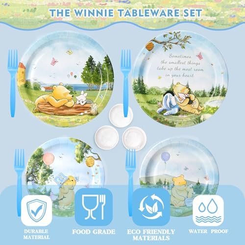 300 Pcs Winnie Bear Baby Shower Plates and Napkins Tableware Set, Plates Napkins Cups Straws and Forks Sets, Winnie Baby Shower Decorations Birthday Party Supplies, Serves 50 Guests - Image 5