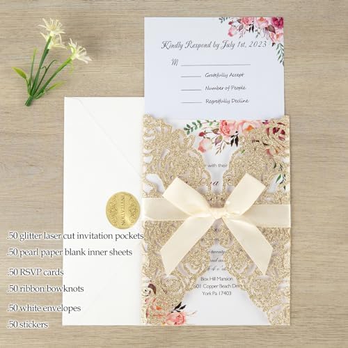 50Pcs Laser Cut Invitations with Envelopes and RSVP Cards Gold Glitter - Image 4