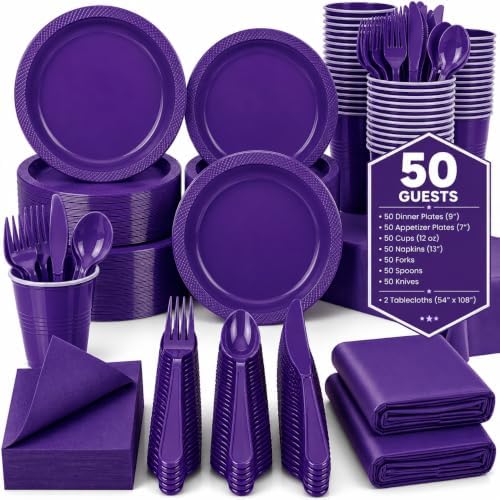 Tinybee 352 Pcs Purple Plastic Plates, Disposable Dinnerware Set for 50 by Tinybee