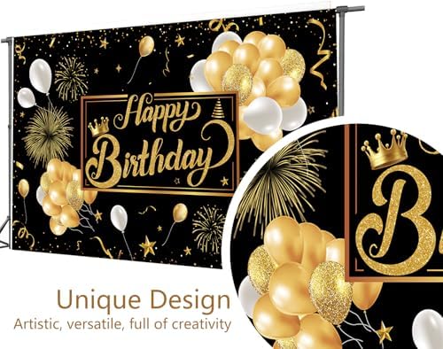 Black and Gold Happy Birthday Party Decoration Backdrop - 10x8ft Golden Balloons Glitter Birthday Backdrop for Women Men Photo Background Banner Extra Large Wall Decor - Image 5