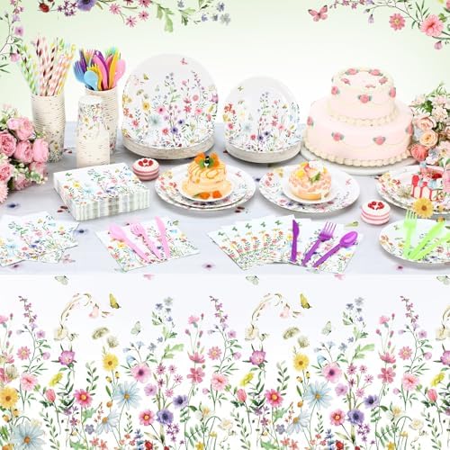 Funnymoom 452 Pcs Wildflower Party Supplies Include Spring Floral Disposable Paper Plates Napkins Cups Tablecloth and Cutlery Straws for Wedding Garden Tea Party Decoration Bridal Shower Baby Shower - Image 6