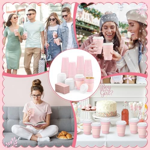 120 Pack Pink Coffee Cups with Lid Sleeves, 12oz Insulated To Go Paper Cup - Image 7