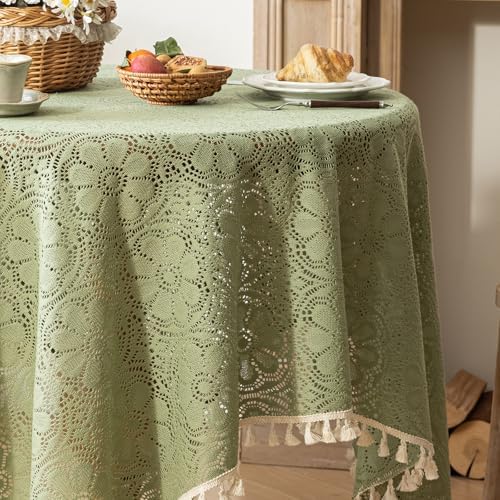 Sage Green Boho Floral Crochet Lace Tablecloth Square 60 x 60 Inch - Image 5