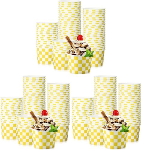 Zopeal 50 Count Yellow Checkered Ice Cream Cups Disposable 9 oz Ice Cream Bowls Paper Race Car Birthday Party Supplies Snack Cups Sundae Picnic Dessert Yogurt Bowls for Food (Pack of 3) by Zopeal