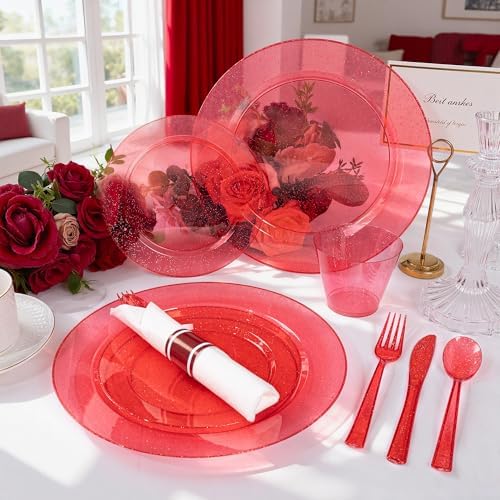 DaYammi 350PCS Red Glitter Plastic Dinnerware Set for 50 Guests - Image 4