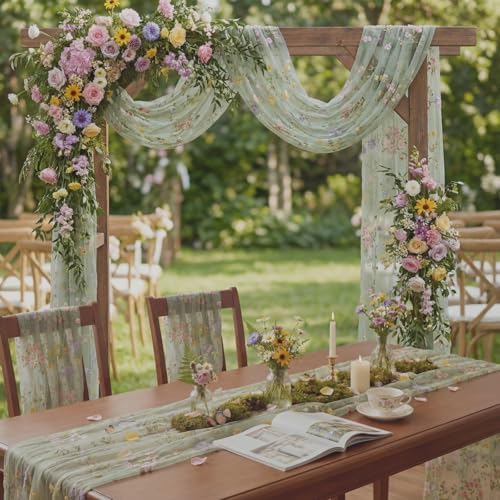 Sage Green Floral Table Runner 10ft Embroidery Tulle Spring Wildflower Gauze Table Runner Seasonal Summer Butterfly Kitchen Dining Decoration for Wedding Baby Shower Birthday Party (6 Pcs) - Image 3