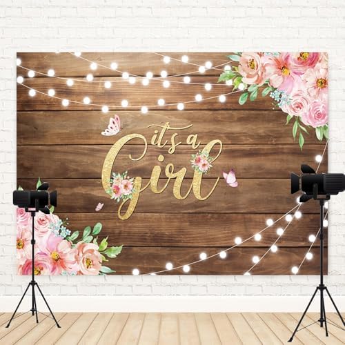 12x6ft Baby Shower Backdrop It's a Girl Photography Background Pink Floral Butterfly Green Leaves Rustic Wooden Board Girls Birthday Party Banner Decorations Newborn Parties Photo Booth Prop - Image 5