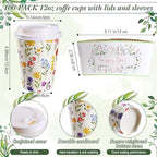 Remerry 100 Pcs 12oz Floral Disposable Coffee Cups with Lids and Sleeves Paper Insulated Drink Hot Coffee Paper Cups with Dome Lids and Sleeves for Party Wedding Birthday Baby Shower (Stylish) - Image 3