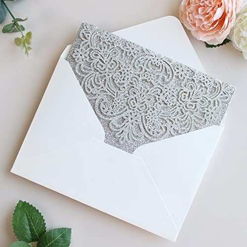 Hosmsua 50PCS Silver Glitter Wedding Invitation Pocket, 5.12 x 7.2 Tri-fold Laser Cut Lace Flora Invitation Pockets with Envelopes for Wedding Bridal Shower Quince Anos (No Inner Sheet) - Image 6