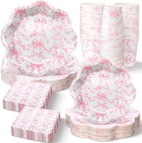 Newtay 250 Pcs Pink Bow Disposable Paper Plate Napkins by Newtay