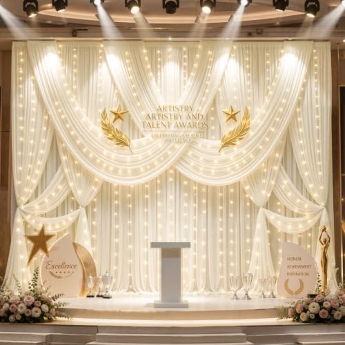 Wish Care 20x10FT Cream Wrinkle Free Backdrop Curtains with Lights String for Parties - Photo Curtain Backdrop with Lights for Wedding Decorations, Bridal Baby Shower Birthday Party Photography - Image 2
