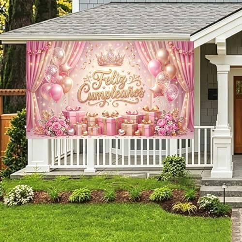 Feliz Cumpleaños Backdrop Pink Gold Balloon Crown Rose Gift Curtain Photo Background Banner for Women Girls Happy Birthday Party Photoshoot 12X10ft - Image 5