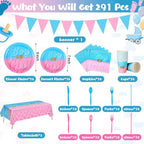 Hushee 291 Pcs Gender Reveal Party Supplies Boy or Girl Disposable Tableware Set for 36, Flatware Paper Plates Napkin Cups Straws Pink Blue Pennant Banner Plastic Tablecloth for Baby Shower Decoration - Image 4