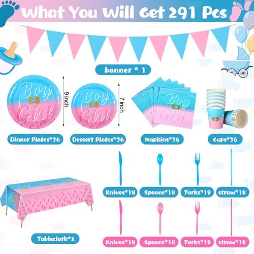 Hushee 291 Pcs Gender Reveal Party Supplies Boy or Girl Disposable Tableware Set for 36, Flatware Paper Plates Napkin Cups Straws Pink Blue Pennant Banner Plastic Tablecloth for Baby Shower Decoration - Image 4