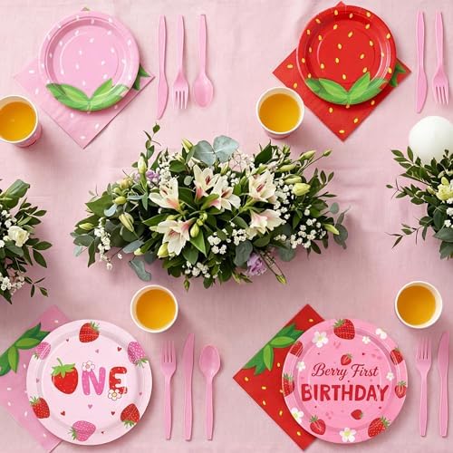 Kochorie 400 Pieces Strawberry Disposable Tableware Sets, Summer Fruit Party Supplies with Strawberry Birthday Party Plates Cups Napkins Cutlery Serves 50 for Berry First Birthday Decorations - Image 5