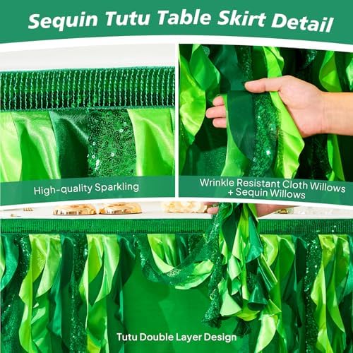 Wish Care 14ft Green Sequin Table Skirt for Rectangle Tables Curly Willow Hawaiian Grass Tutu Skirt Ruffle Table Cloth Desk Skirts for Birthday Baby Shower Jungle Luau Tropical Theme Party Table Decor - Image 4