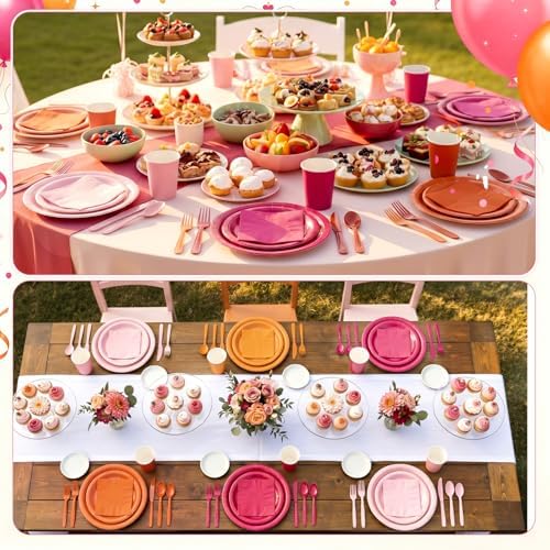 Mimorou 350 Pcs Pink and Orange Plates Cups Napkins Utensils - Image 6