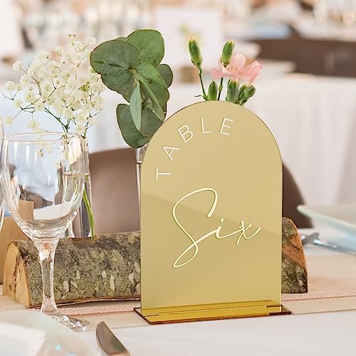 Gold Mirror Arch Wedding Table Numbers 1-25 with Stands, 5x7 Inch Acrylic Arch Sign with Holder, Gold Mirror Arched Acrylic Table Numbers for Wedding Reception(1-25, 5"x7") - Image 7