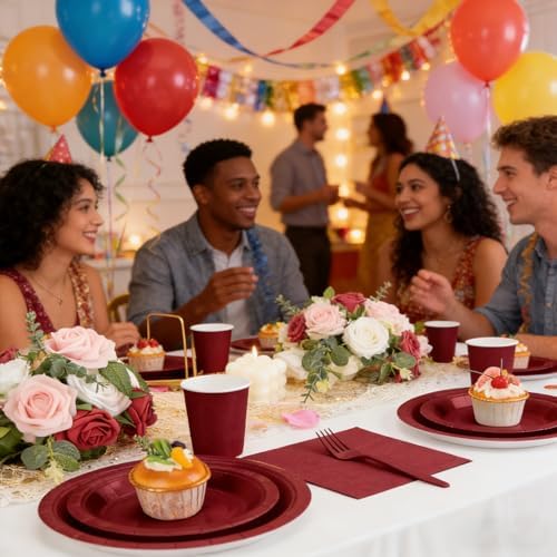 Burgundy Plates and Napkins Party Supplies, Include 9’’Disposable Burgundy Paper Plate, 7’’Dessert Plates and Cups and Napkins Forks Set for Birthday, Anniversaries, Wedding, Serves 25 - Image 4