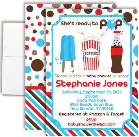 Amanda Creation She's Ready to Pop Baby Shower Invitations, Ready to POP Baby Shower Invites, 50 Personalized 5x7 Double-Sided Cards with White Envelopes, Made in USA by AmandaCreation