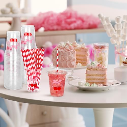 Whaline 50Pcs Cherry Bow Disposable Plastic Cups with Lids and Straws 12Oz Red Pink Cherry Bowknot Cold Beverage Drinking Cups for Wedding Birthday Baby Shower Party Supplies - Image 5
