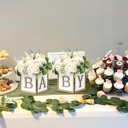 4 Set Baby Shower Centerpieces for Tables - 6 inch Wooden Boxes with Baby Letters Rustic Cube Planter Wood Blocks for Gender Reveal Party Favor (Gold) - Image 3
